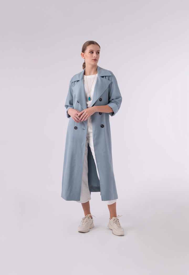 Choice Double Breasted 6-Button Notched Lapel Trench Coat Blue