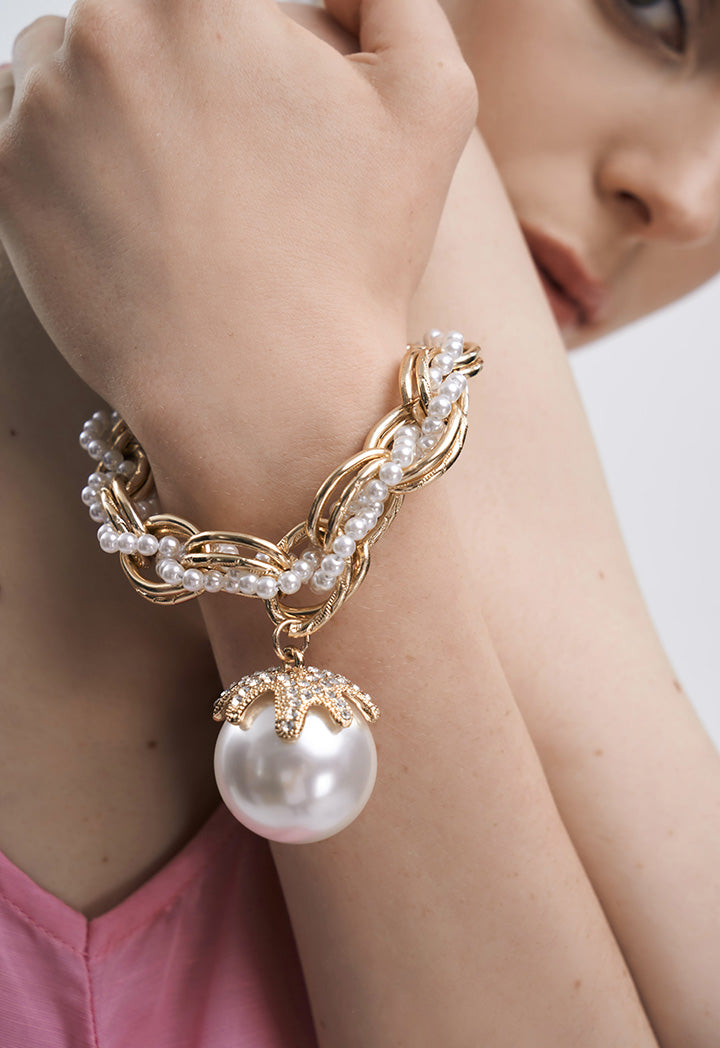 Choice Two Tone Chain Link Twist Braid Pearl Rhinestone Bracelet Gold  - White