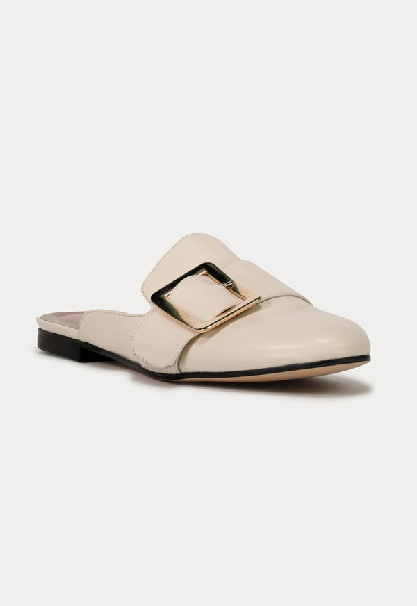 Choice Round Toe Buckled Flat Mules Cream - Wardrobe Fashion