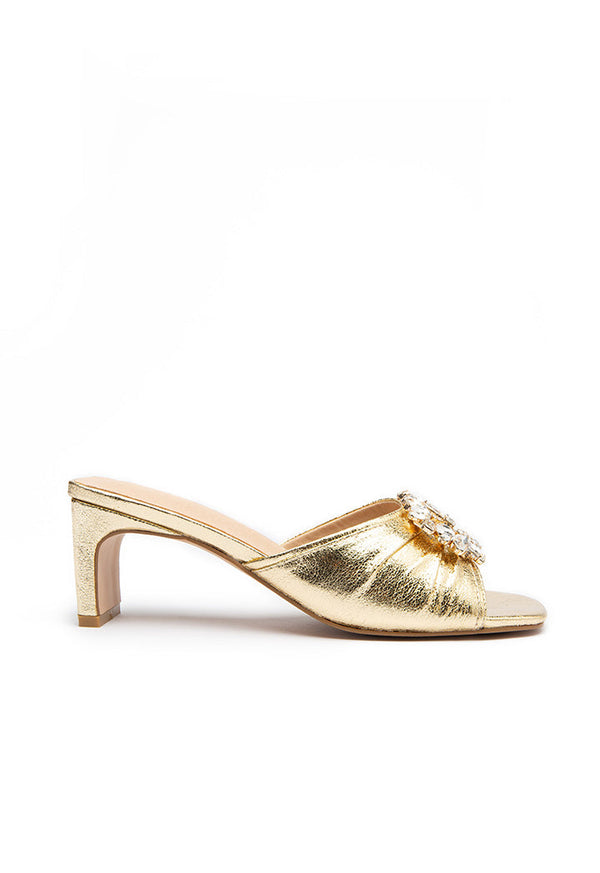 Choice Lurex Stud Embellished Buckle Slide Mules Gold