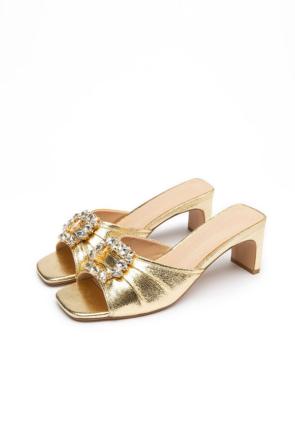 Choice Lurex Stud Embellished Buckle Slide Mules Gold