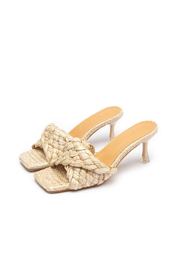 Choice Stretch Square-Toe Faux-Raffia & Leather Mules  Light Beige