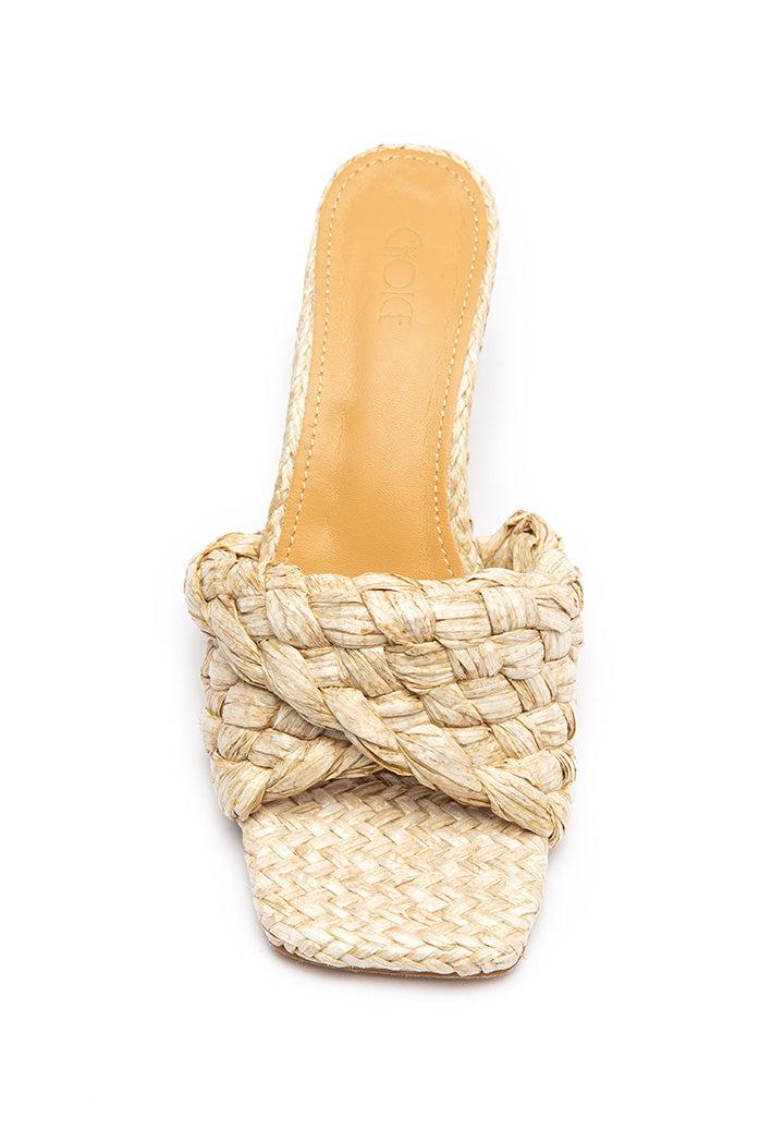 Choice Stretch Square-Toe Faux-Raffia & Leather Mules  Light Beige