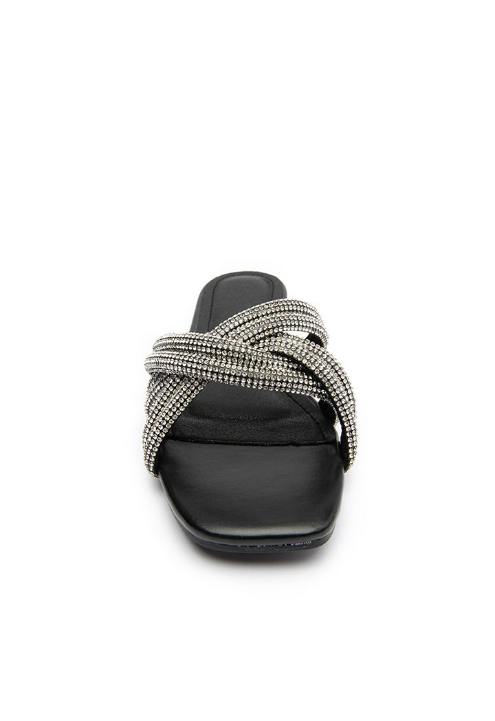 Choice Rhinestones Crisscross Vamp Slides Sandals Silver/Black