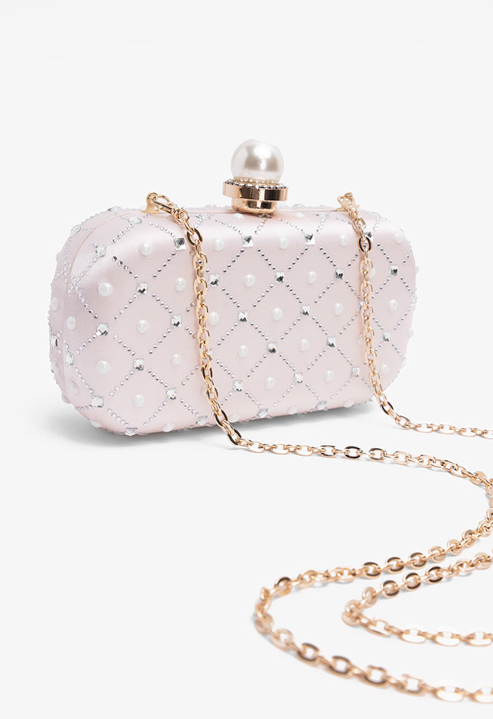 Choice Crystal And Faux Pearls Embellished Clutch Light Pink