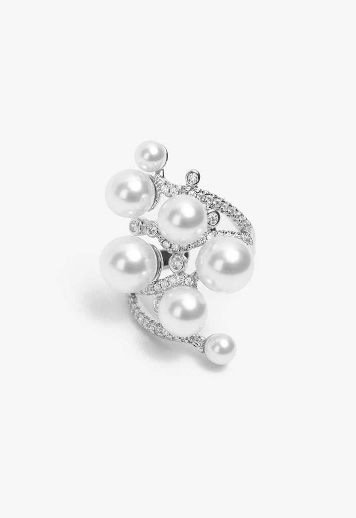 Choice Rhinestones & Faux Pearls Embellished Ring Off White