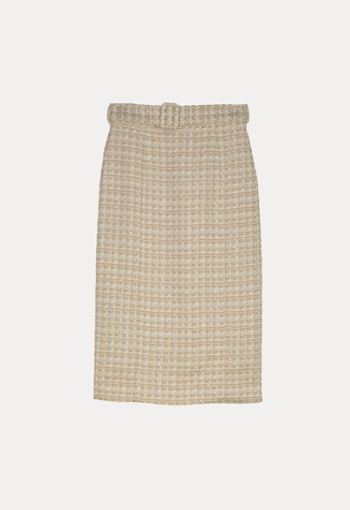 Choice Lurex Tweed Belted Long Skirt Beige