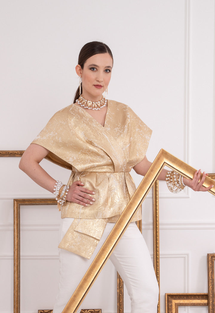 Choice 
Lurex Jacquard Organza Overlap Neck Blouse Gold