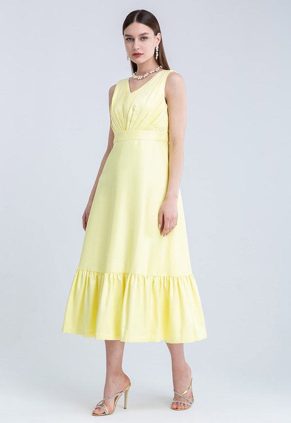 Choice Slanted Pleats Frill Hem Sleeveless Dress Yellow