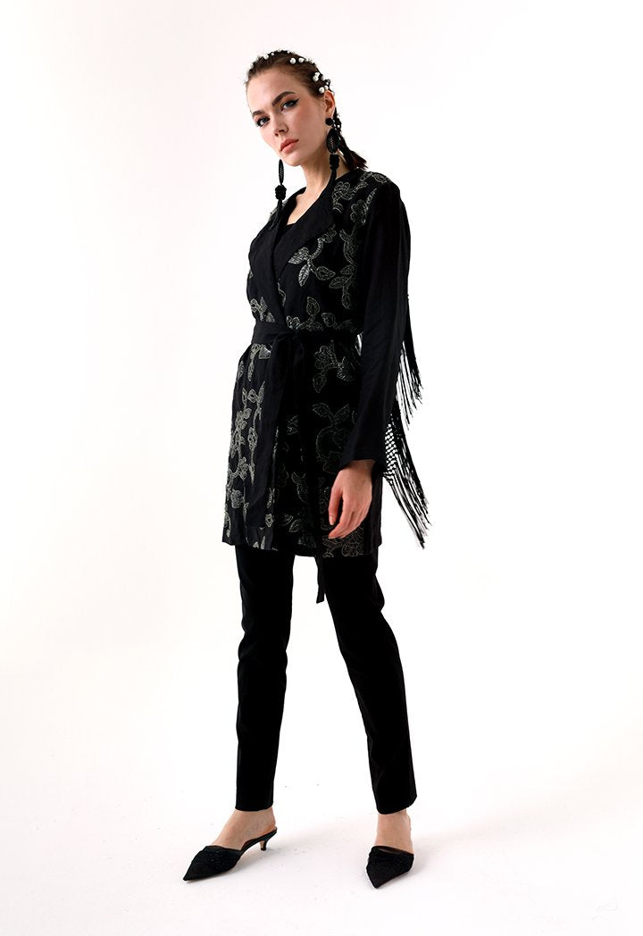 Choice Sequins Embroidery Kimono Jacket Black - Wardrobe Fashion