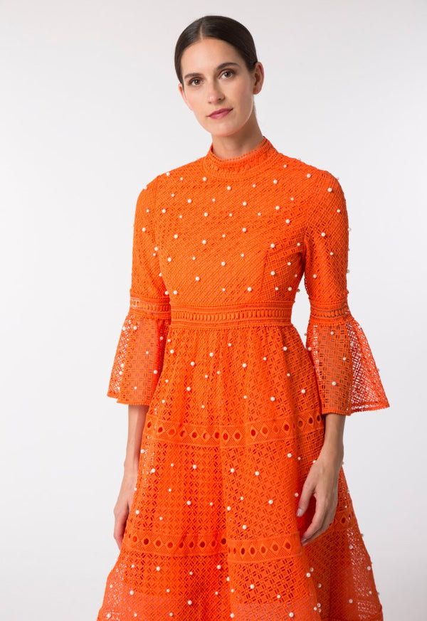 Choice Pearl Studded Schiffli Dress Orange