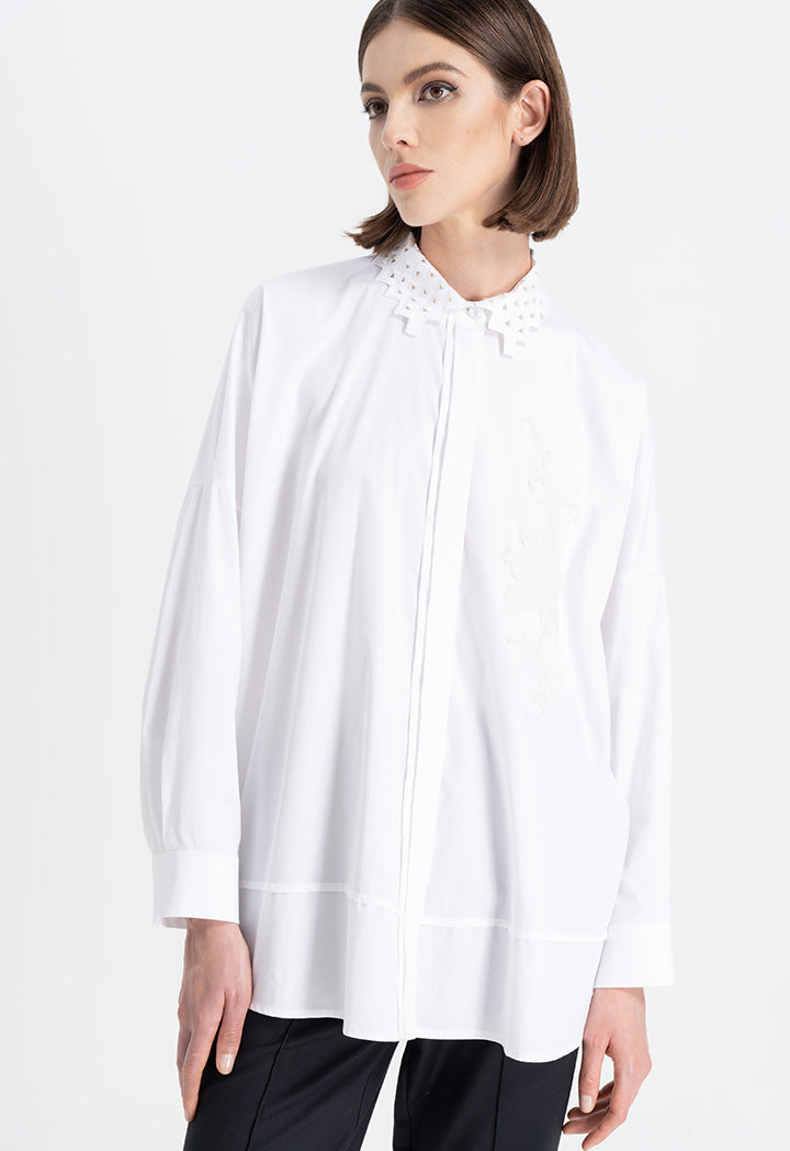 Choice Solid Embroidered Detail Shirt Off White