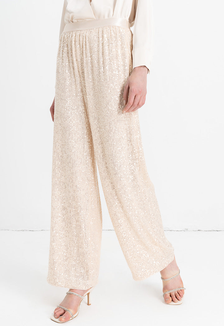 Choice Elastic Waistband Sequins Trousers Sand Beige