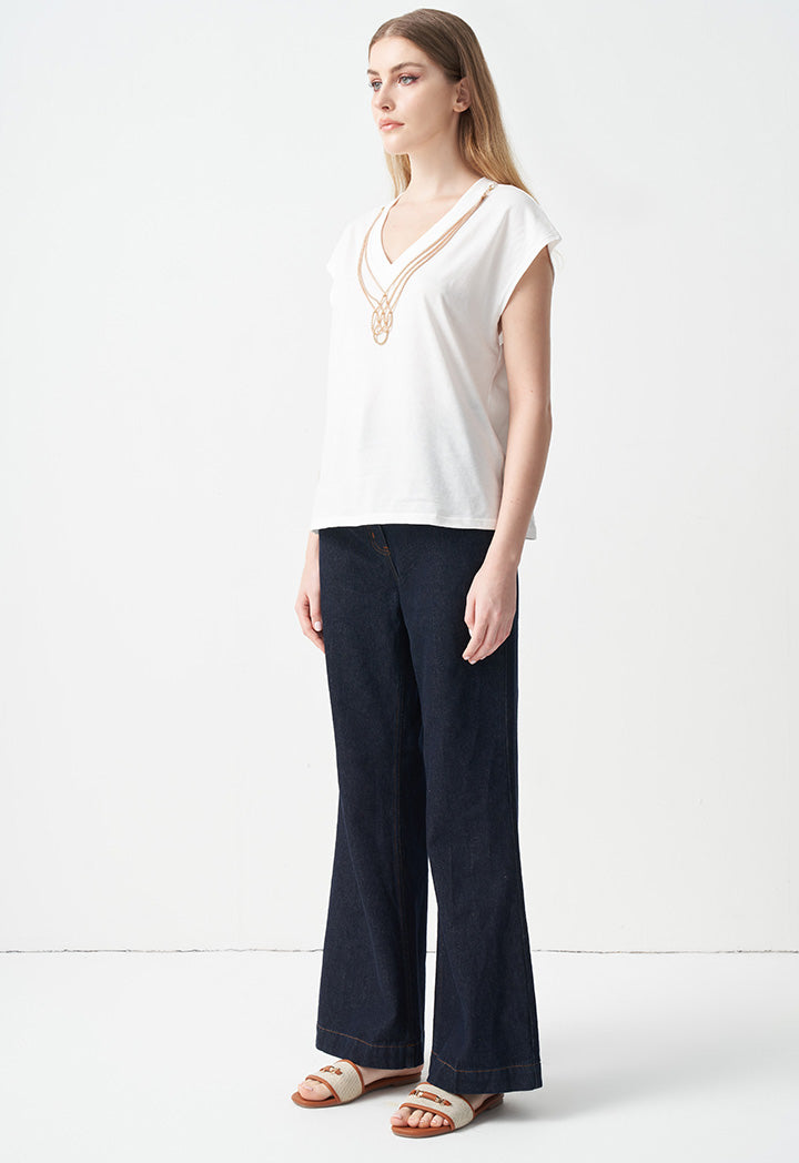 Choice V-Neck Top With Embellished Detail Off White