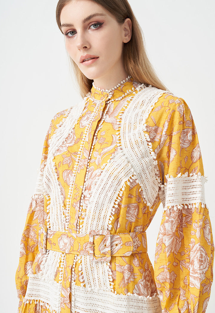 Choice Printed With Embroidered Detail Dress Yellow Print