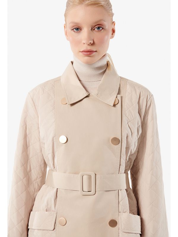 Choice Double Breasted Quilted Midi Coat Beige