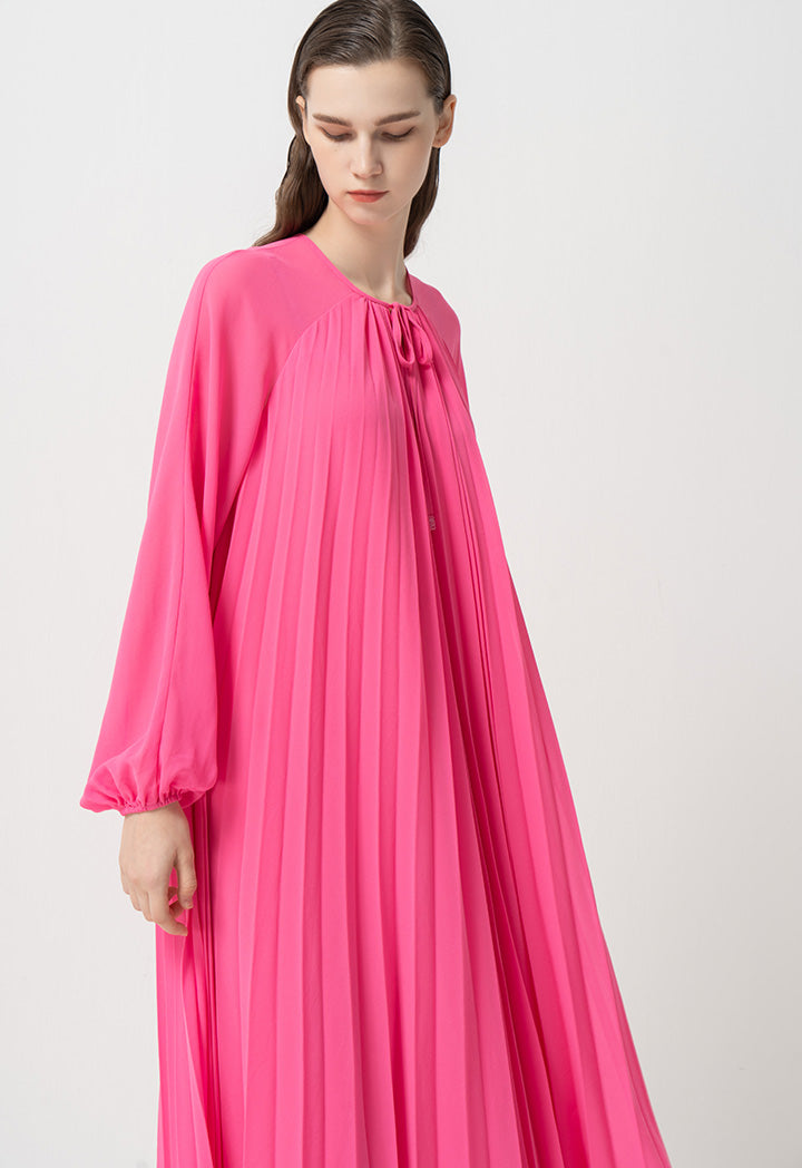 Choice Single Tone Raglan Sleeves Pleated Dress Fuchsia