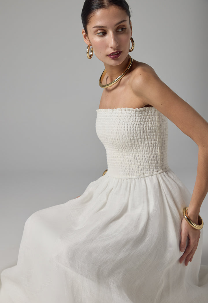 Choice Solid Flared Smocked Dress - Ramadan Style Off White