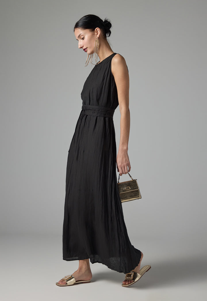 Choice Sleeveless Pleated Basic Belted Dress - Ramadan Style Black