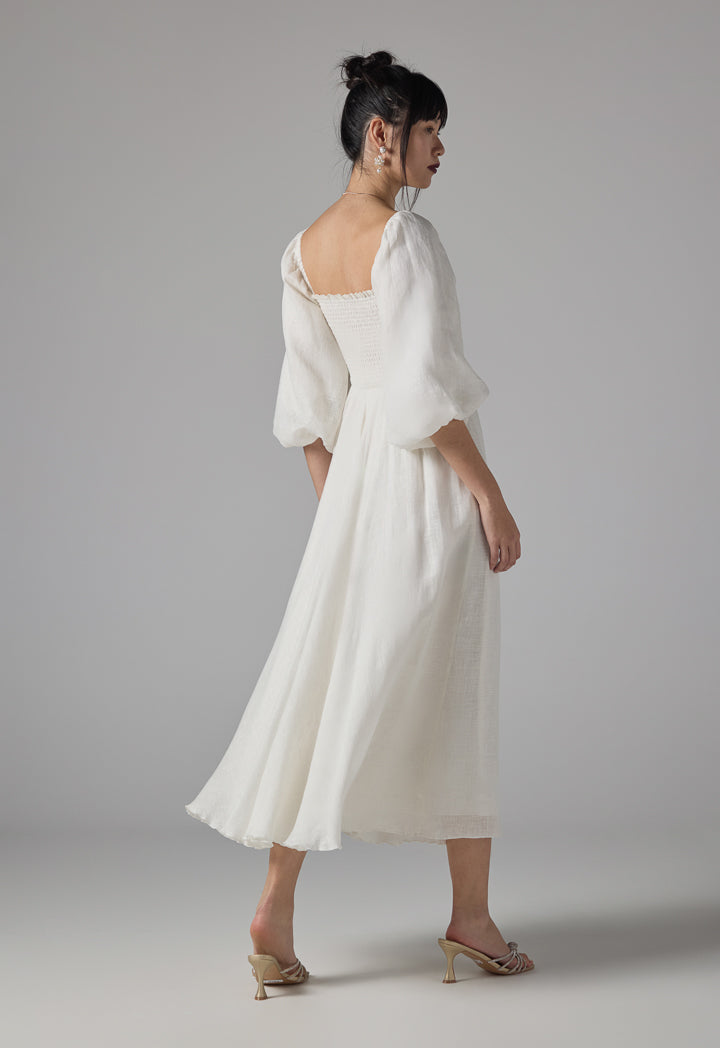 Choice Puff Sleeves Pleated Dress - Ramadan Style Off White