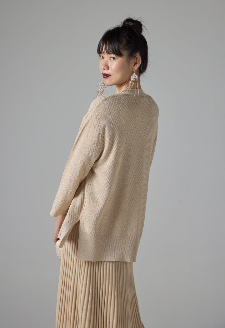 Choice Solid Lurex Fabric Cardigan Beige