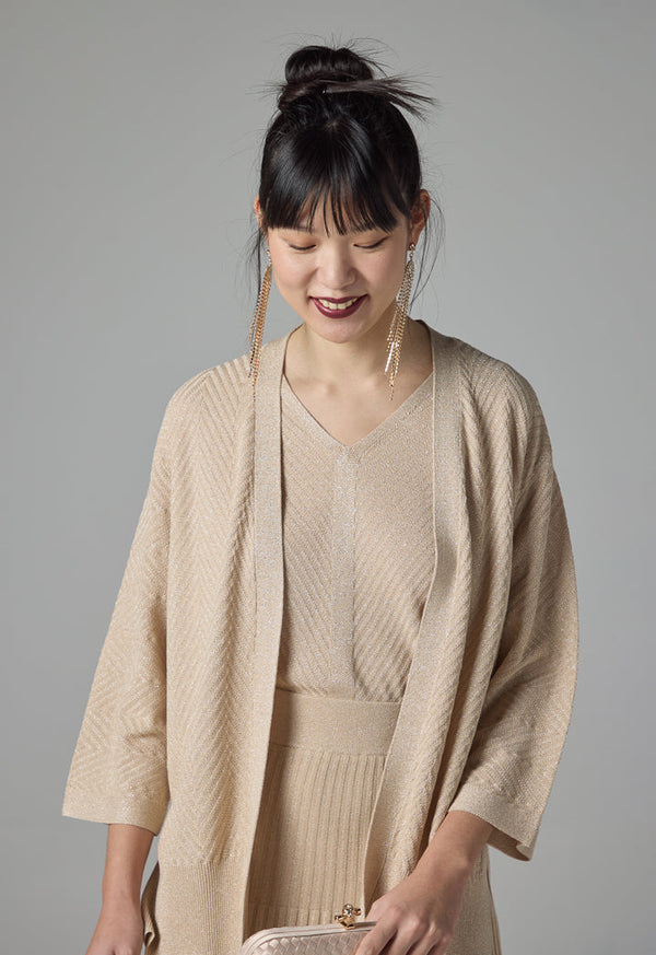 Choice Solid Lurex Fabric Cardigan Beige