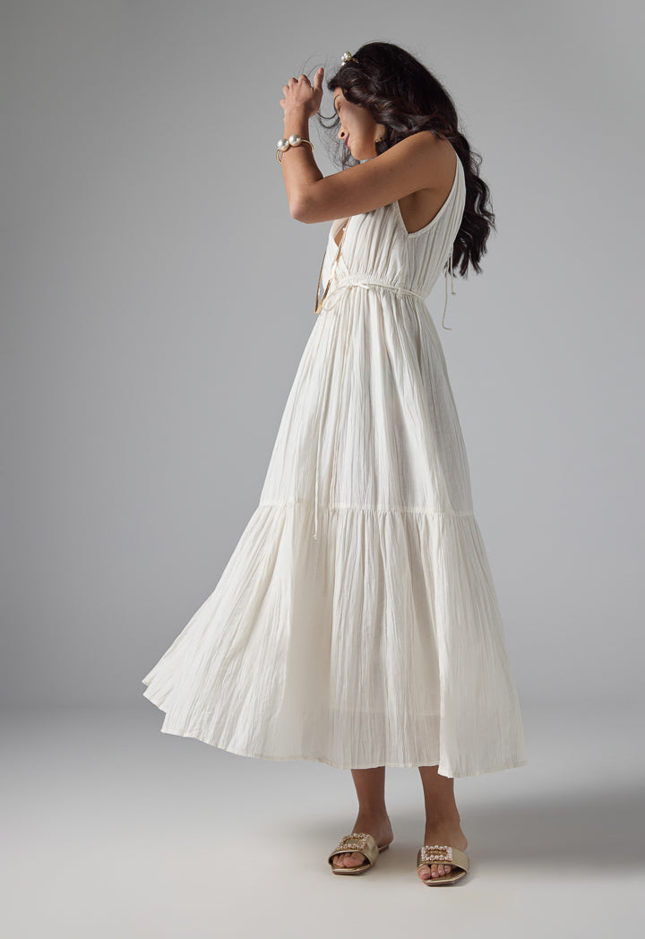 Choice Solid Pleated Sleeveless Dress - Ramadan Style Beige