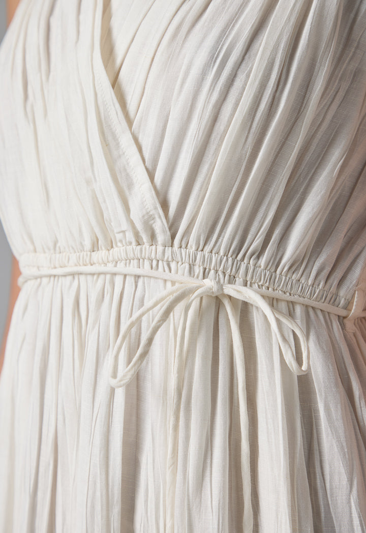 Choice Solid Pleated Sleeveless Dress - Ramadan Style Beige