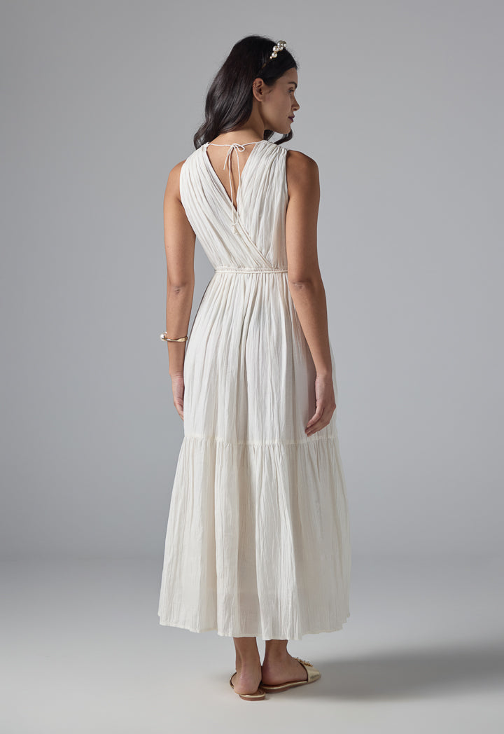 Choice Solid Pleated Sleeveless Dress - Ramadan Style Beige