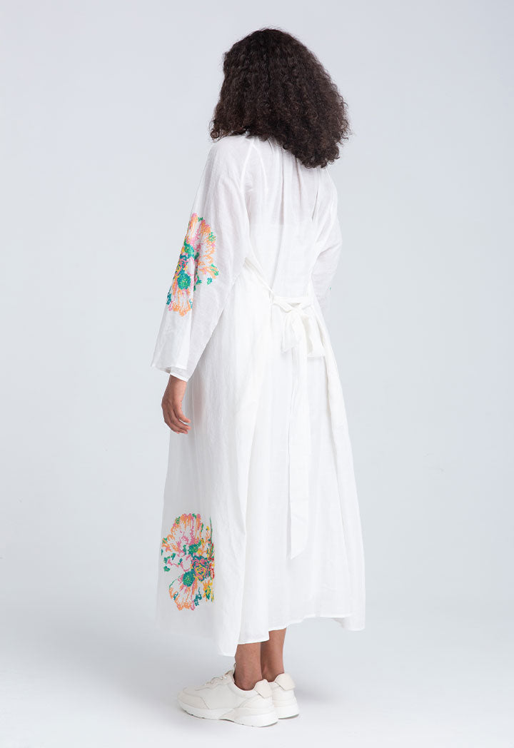 Choice Neck Tie Keyhole Embroidered Midi Dress Set Off White