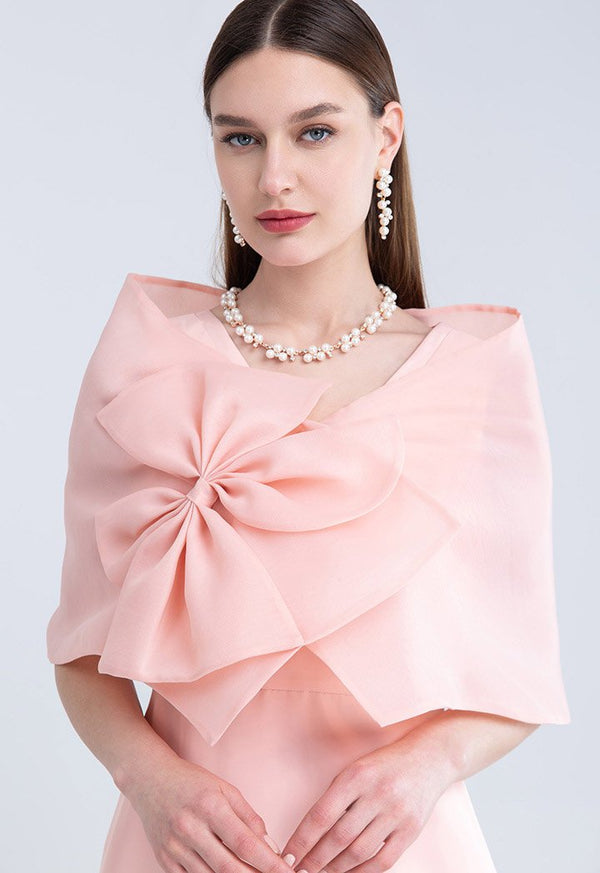 Choice Flower Bow Accent Organza Shawl Blush