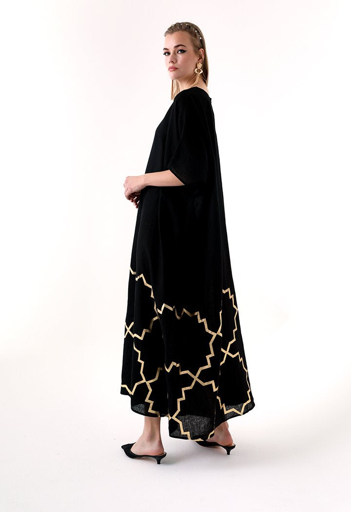 Choice Detailed Hem Print Linen Abaya Black - Wardrobe Fashion