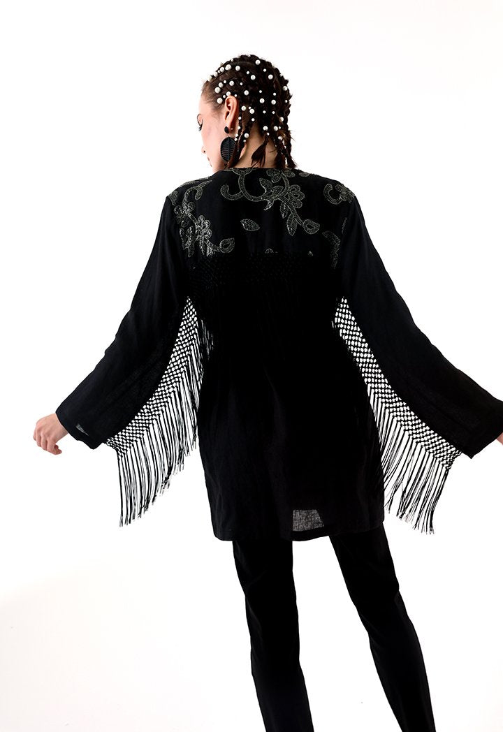 Choice Sequins Embroidery Kimono Jacket Black - Wardrobe Fashion