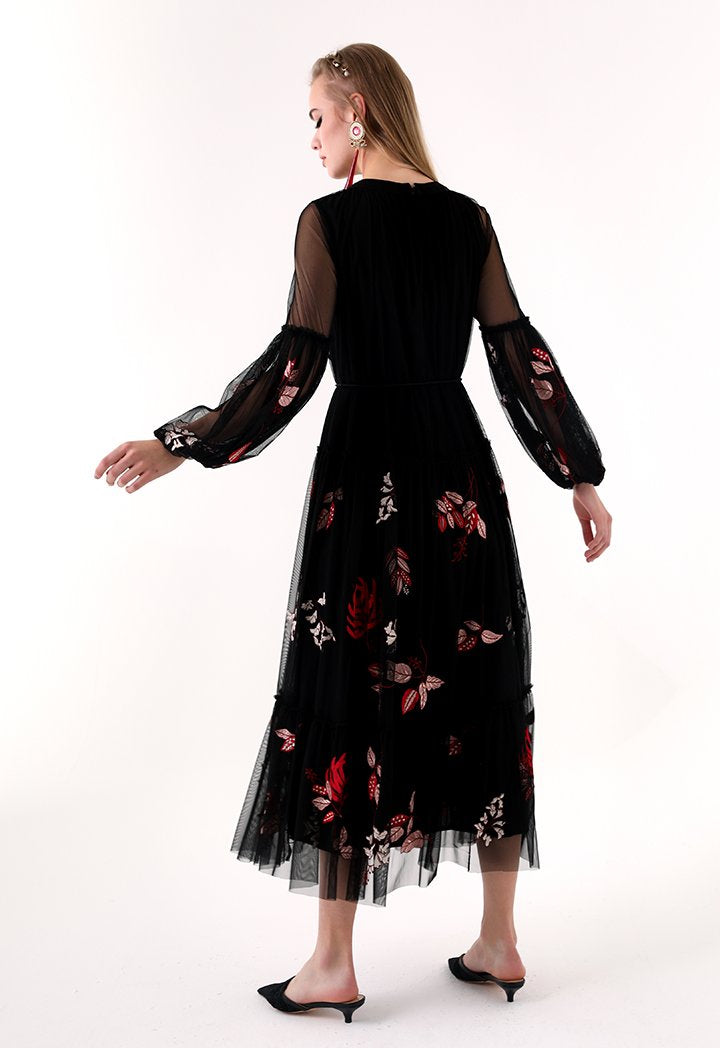 Choice Floral Embroidered Chiffon Dress Black - Wardrobe Fashion