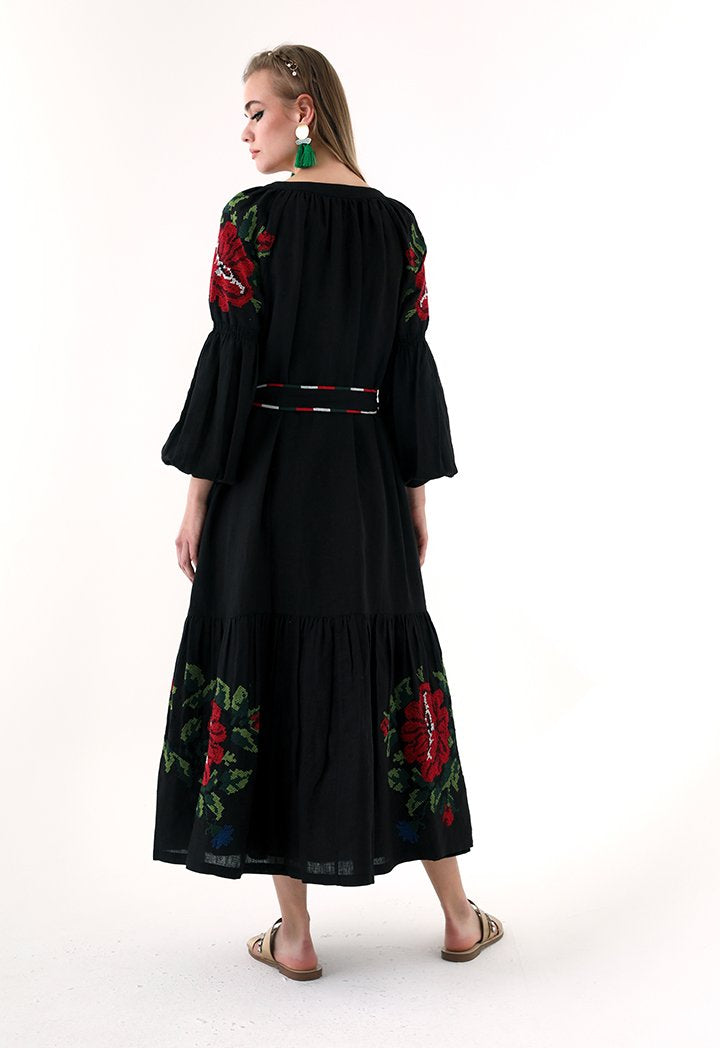 Choice Embroidered Linen Maxi Dress Black