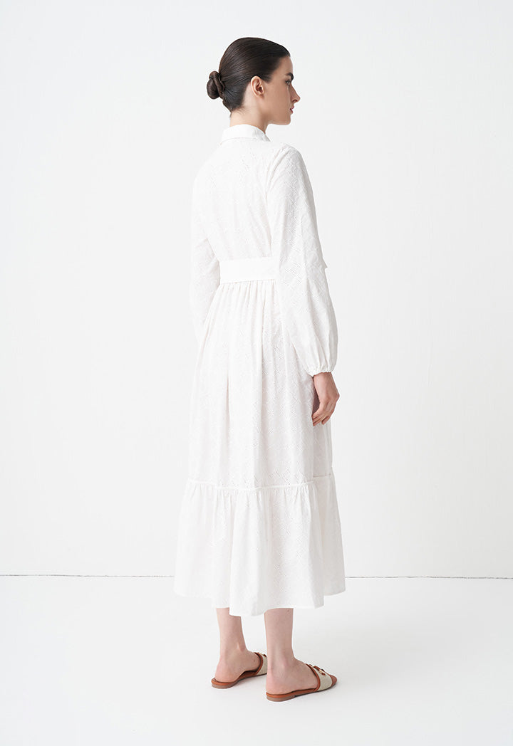 Choice Solid Monogram Belted Shirt Dress Off White