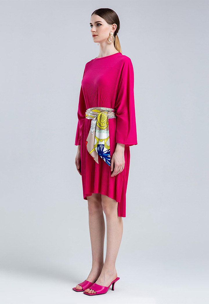 Choice Long Sleeve Pleated Dress Fushia