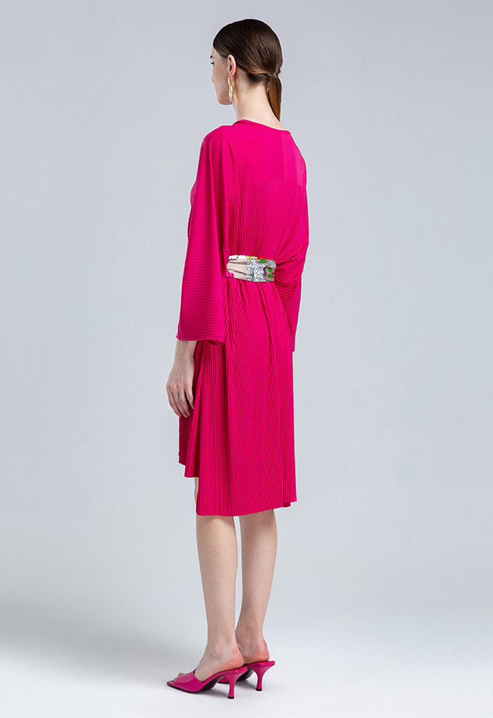 Choice Long Sleeve Pleated Dress Fushia