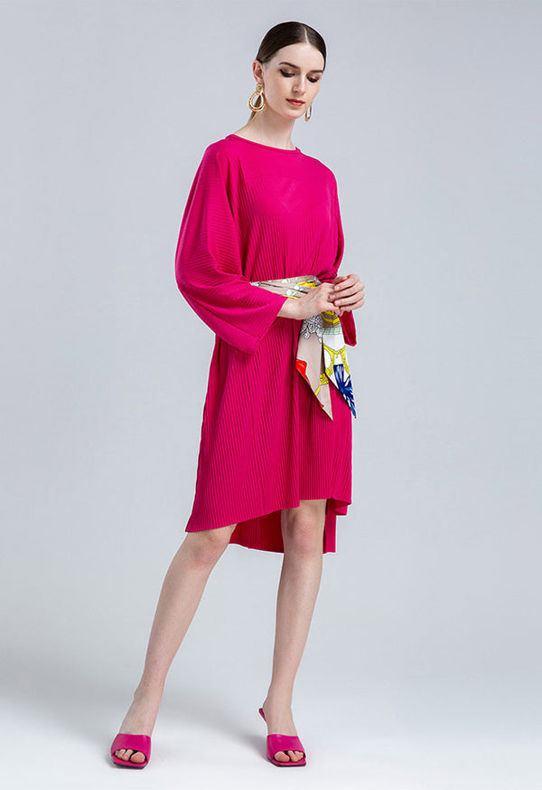 Choice Long Sleeve Pleated Dress Fushia