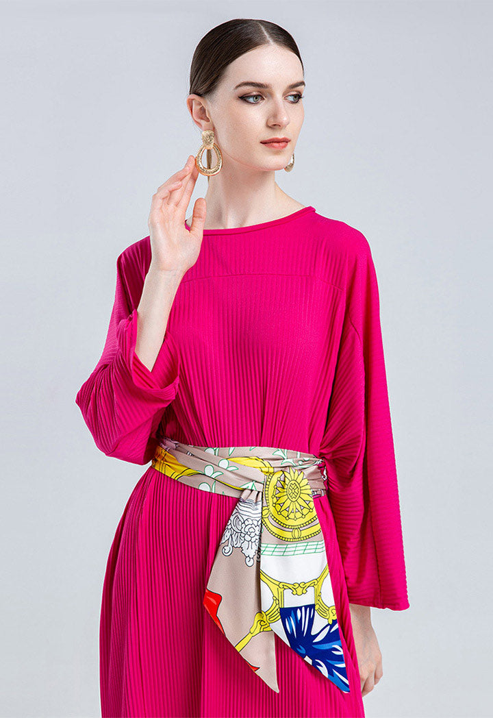 Choice Long Sleeve Pleated Dress Fushia