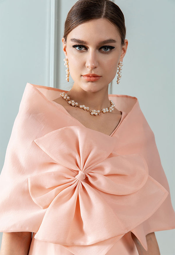 Choice Flower Bow Accent Organza Shawl Blush