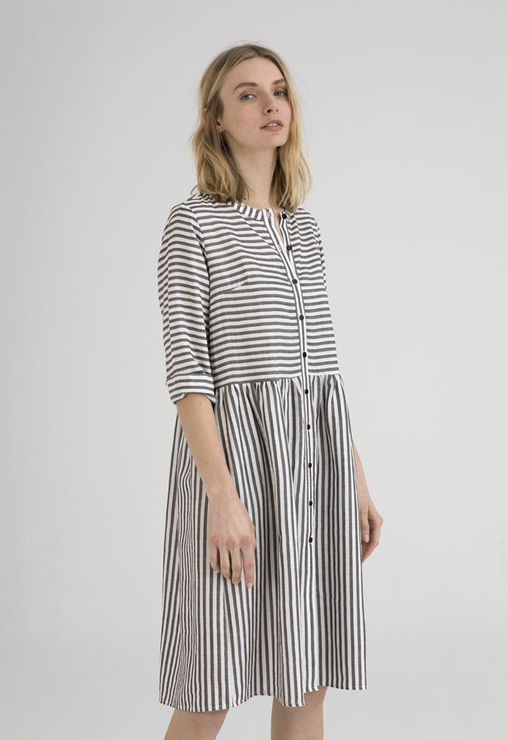 UNQ Striped Long Sleeve A-Line Midi Dress GREY