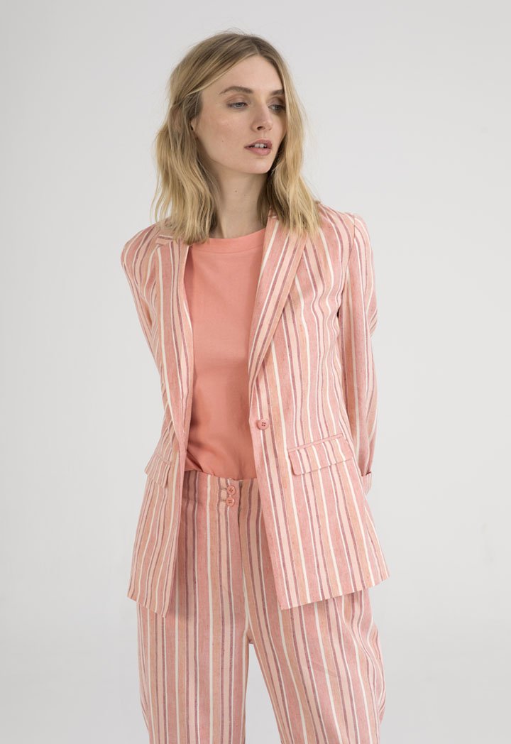 UNQ Linen Striped Notched Collar Single Breasted Jacket PINK