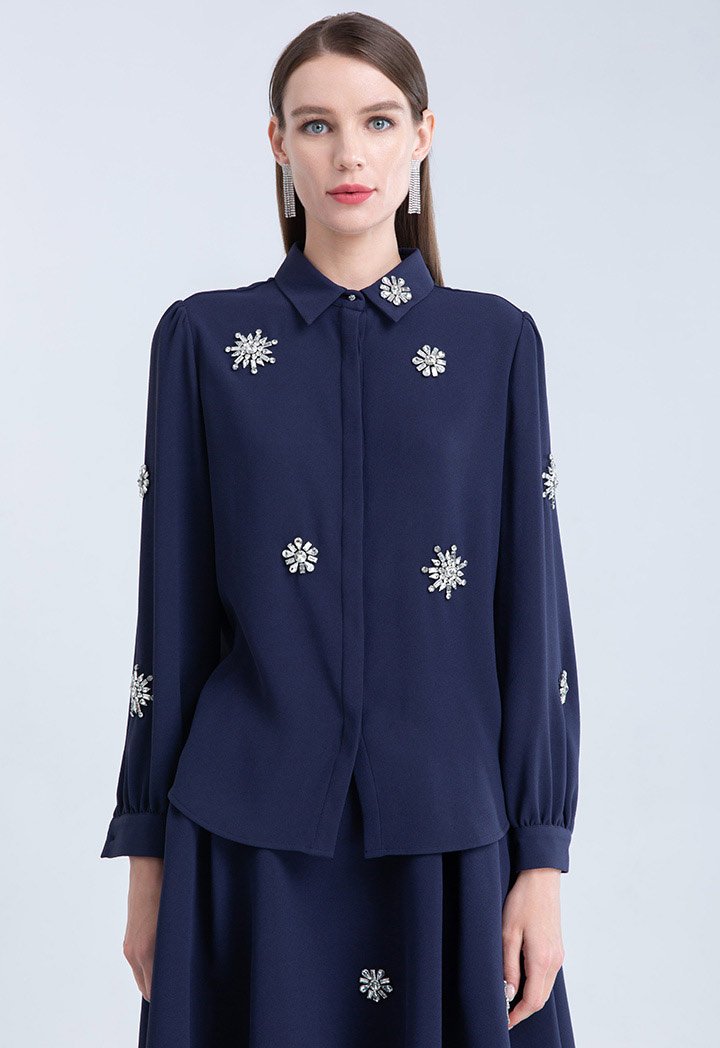 Choice Clear Crystal Embellished Long Sleeve Shirt Navy