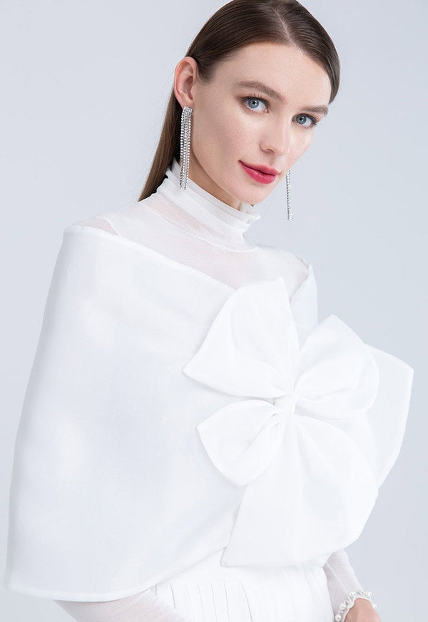 Choice Flower Bow Accent Organza Shawl Off White