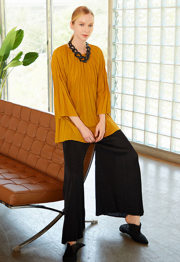 Choice Wide Sleeve Knife Pleats Blouse Gold Yellow