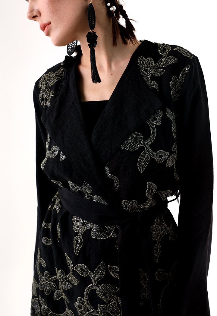 Choice Sequins Embroidery Kimono Jacket Black - Wardrobe Fashion