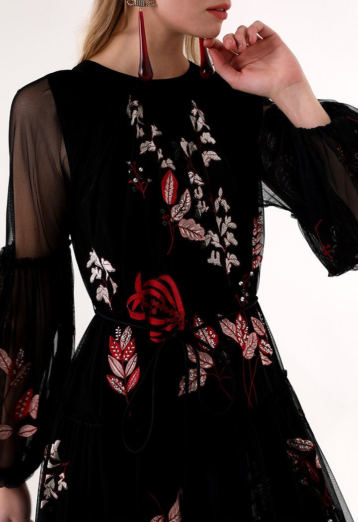 Choice Floral Embroidered Chiffon Dress Black - Wardrobe Fashion