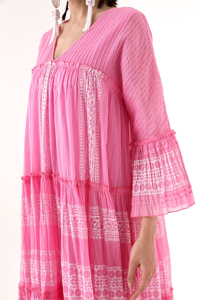 Choice Printed V-Neck Tiered Dress Pink - Wardrobe Fashion