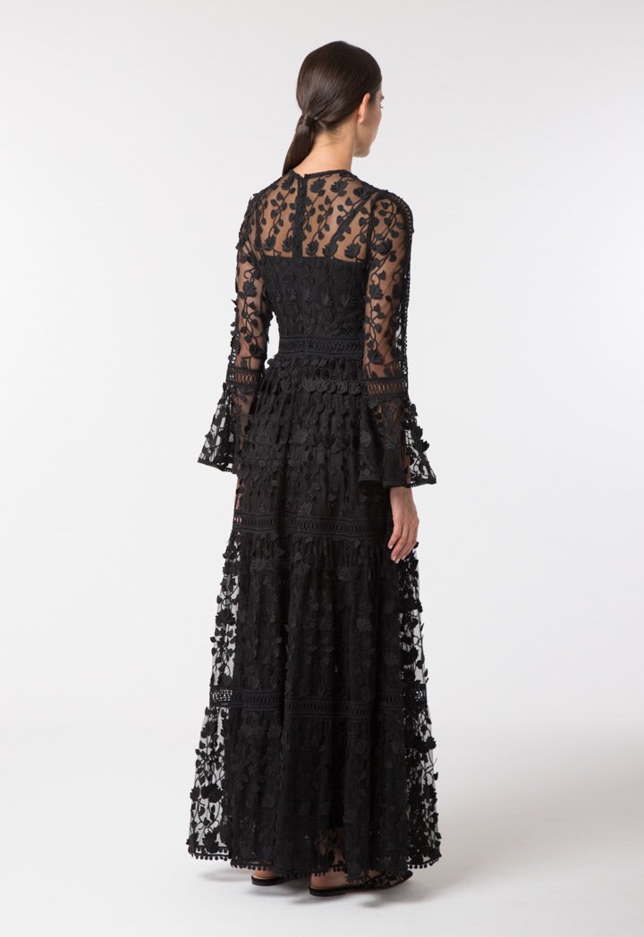 Choice Patterned Lace Trim Dress Black